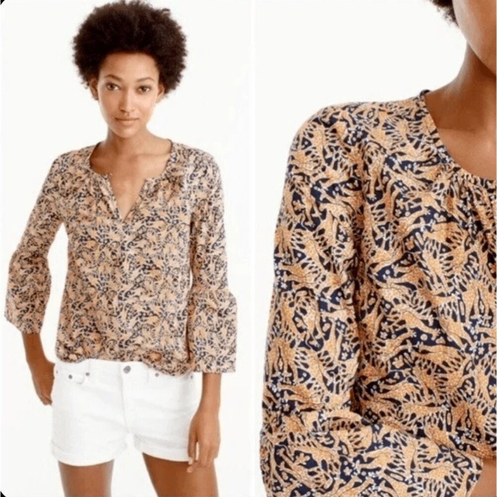 J CREW Top Size Small Drakes London Giraffe Animal Print Bell Sleeve Cotton